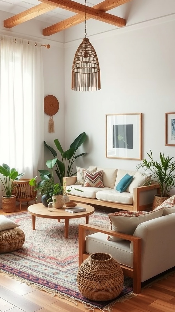 A cozy boho living room featuring natural materials, plants, and a relaxed layout.