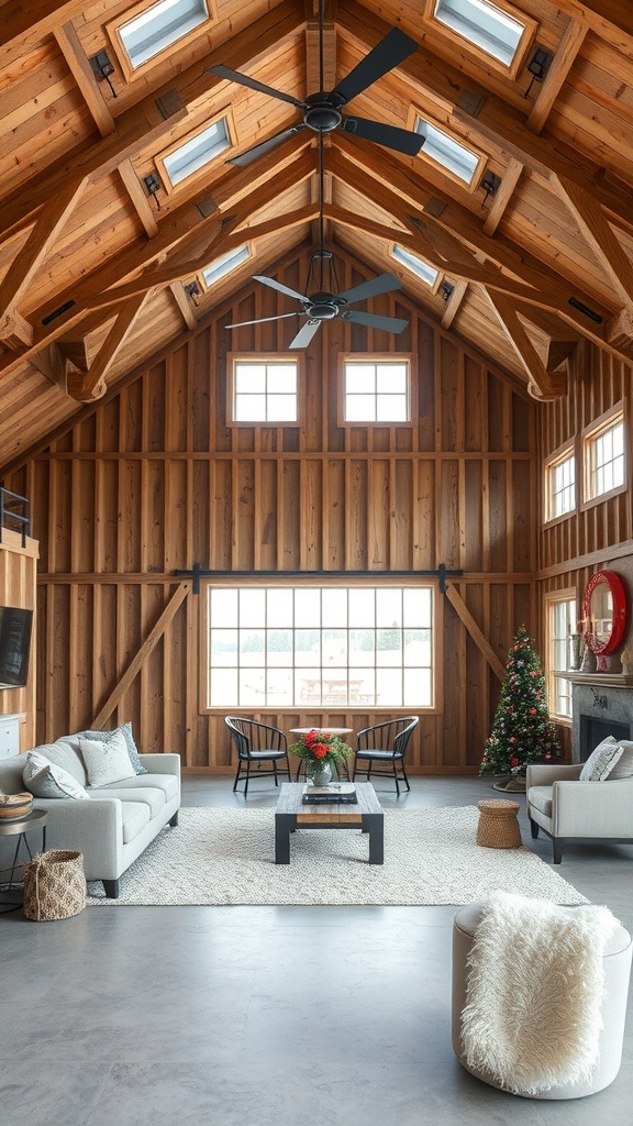 Interior view of a modern barndominium showcasing rustic wood beams and contemporary furniture.
