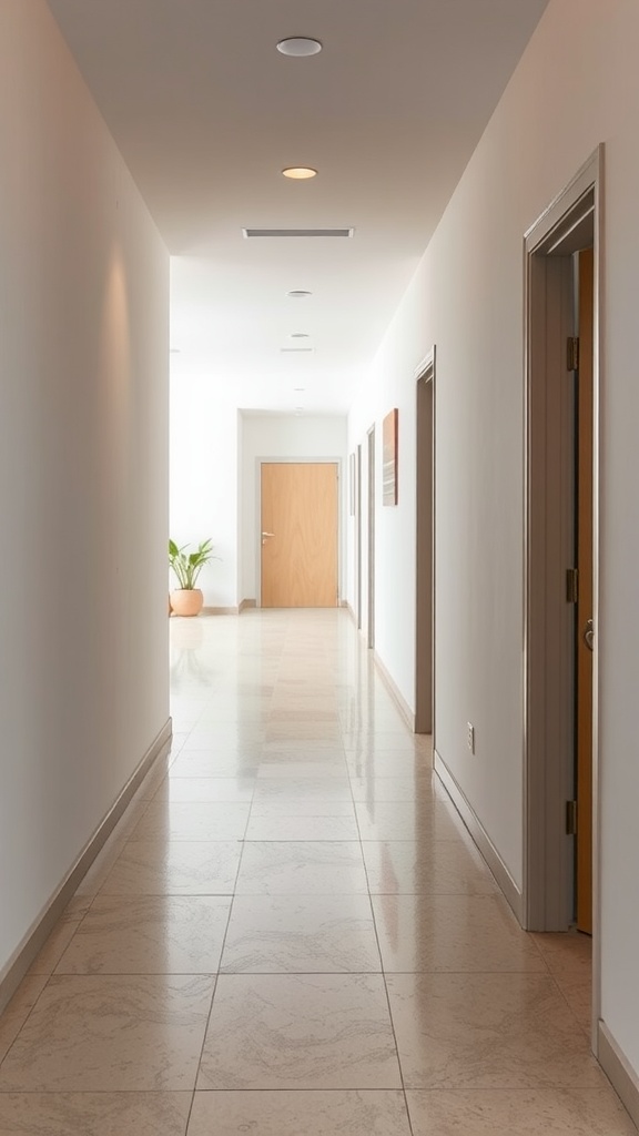 A modern hallway with a plant and doors leading to different rooms.