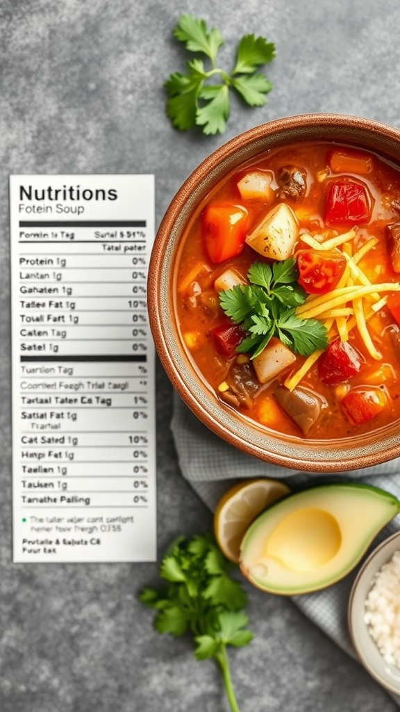 A bowl of keto taco soup topped with cheese and cilantro, accompanied by avocado slices.