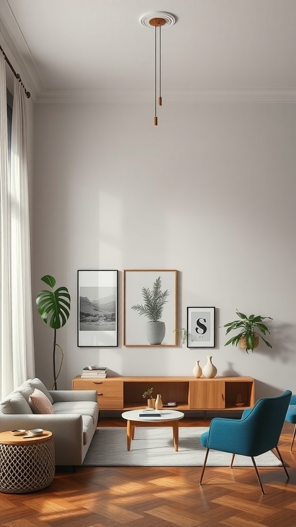 A stylish interior with a cozy sofa, colorful chairs, and greenery, showcasing balance in design.