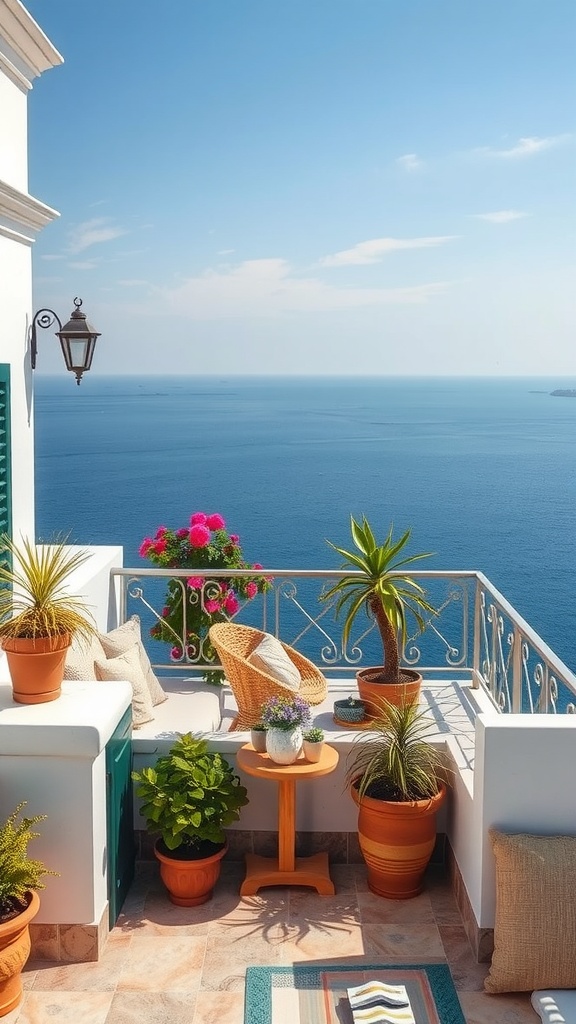A cozy Mediterranean balcony with potted plants and a view of the sea.