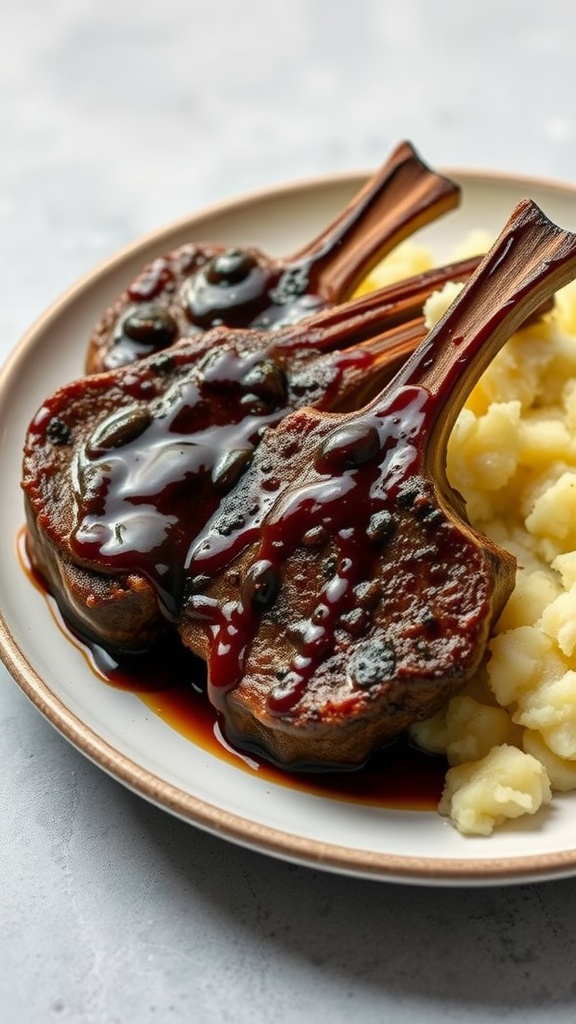 Balsamic glazed lamb chops served with mashed potatoes.