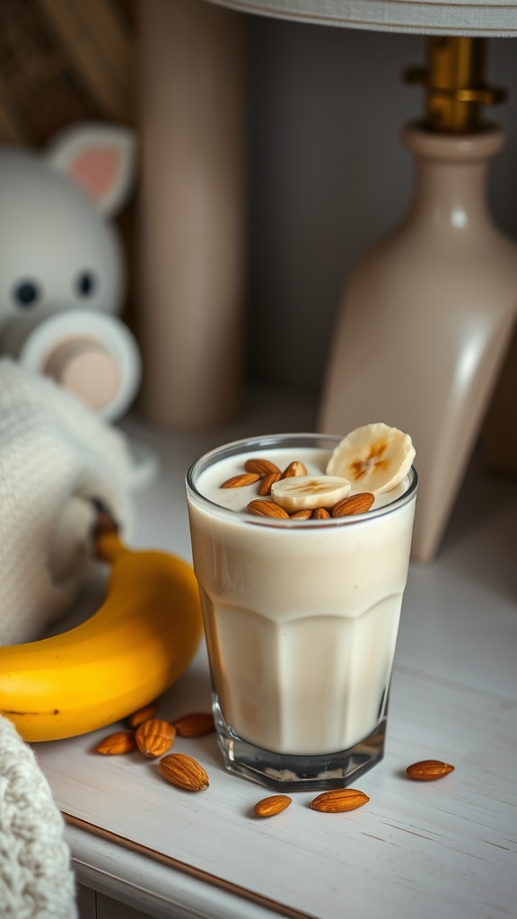 A glass of Banana Almond Delight smoothie topped with almonds and banana slices.