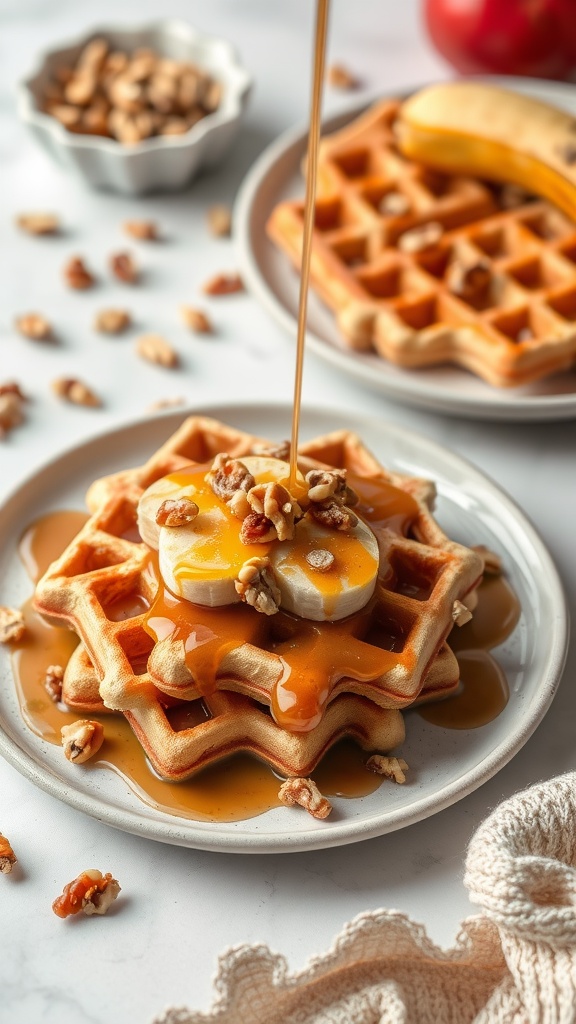 Delicious banana nut waffles topped with banana slices and syrup, with a sprinkle of nuts on the side.