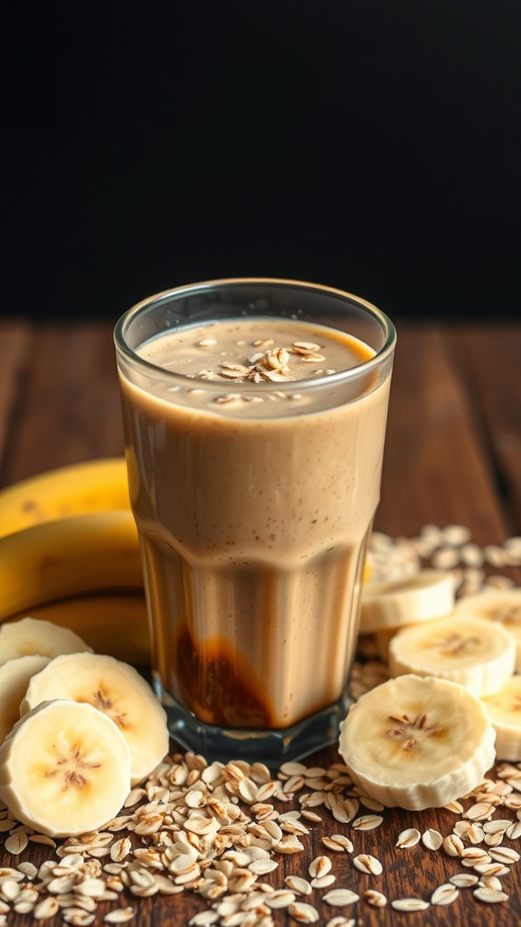A glass of Banana Oatmeal Coffee Smoothie surrounded by bananas and oats