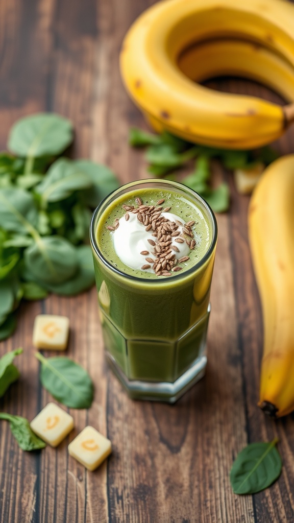 A green smoothie made with banana and spinach, topped with yogurt and seeds, surrounded by bananas and fresh spinach.