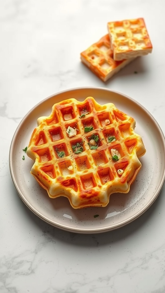 A plate of golden cheese chaffles garnished with herbs.