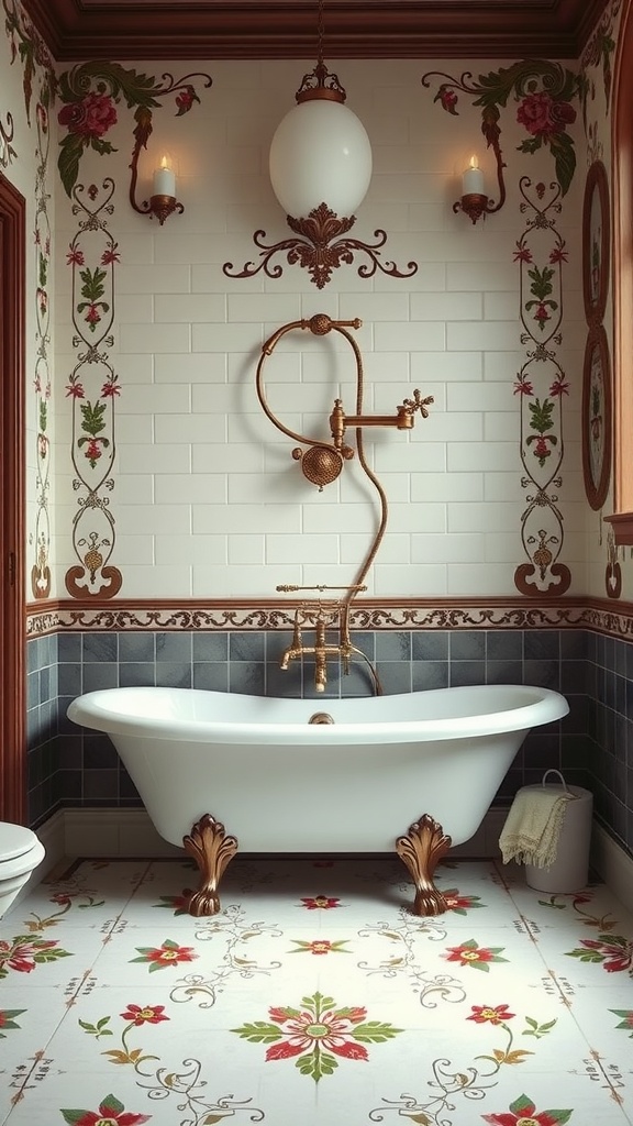 An Art Nouveau inspired bathroom featuring a clawfoot tub, floral patterns on the walls, and elegant fixtures.