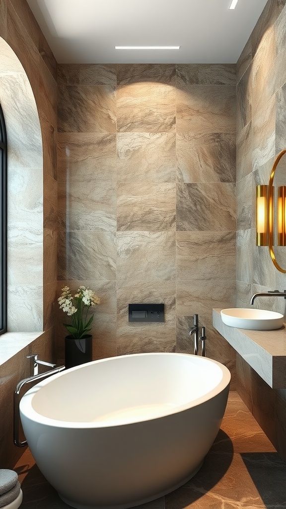 A modern bathroom featuring stone walls, a white bathtub, and a sleek sink.