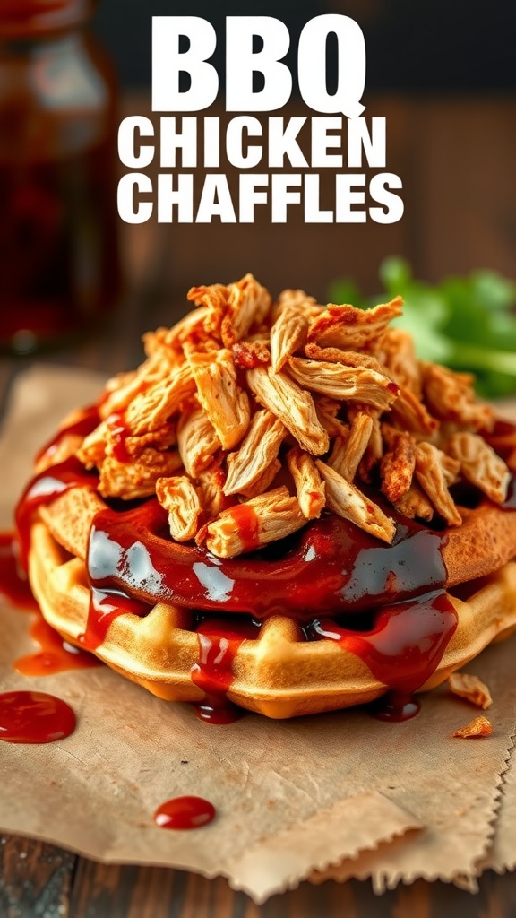 A delicious BBQ chicken chaffle topped with shredded chicken and BBQ sauce.