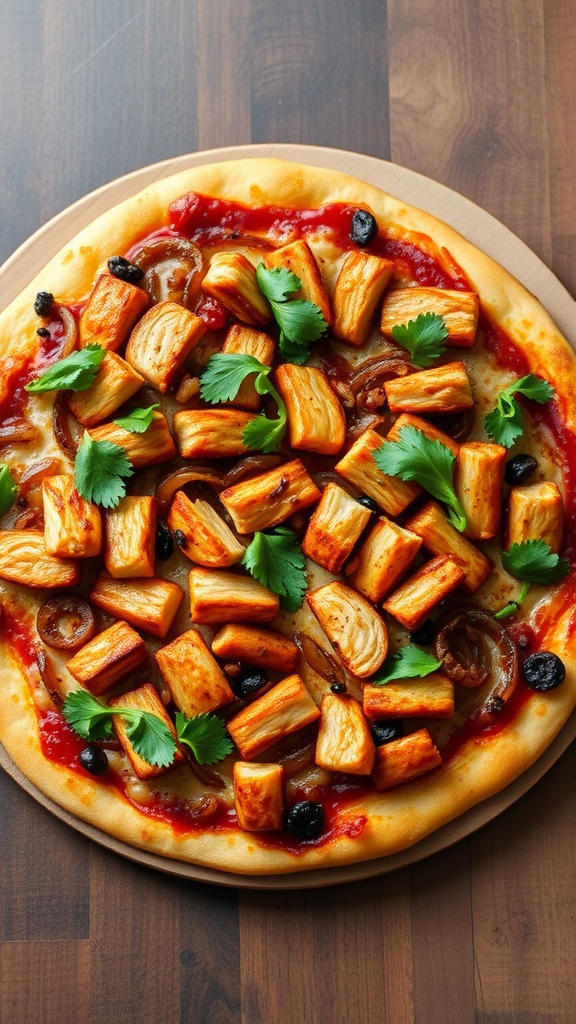A delicious BBQ Chicken Keto Pizza topped with chicken, cheese, and cilantro on a crust.