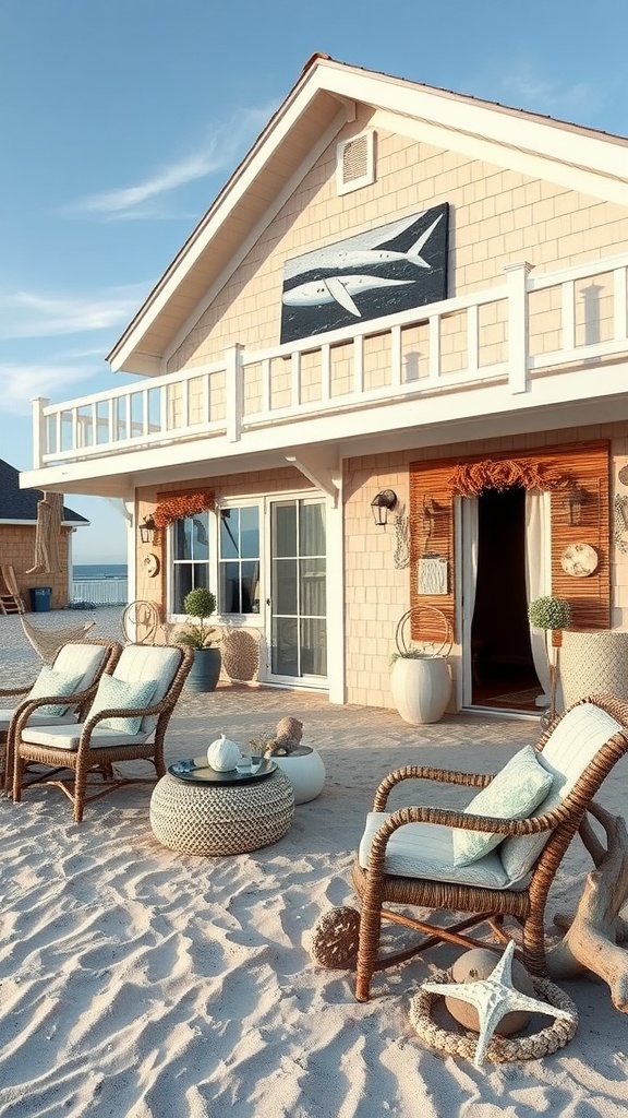 Beach house exterior with seating and ocean-themed decor