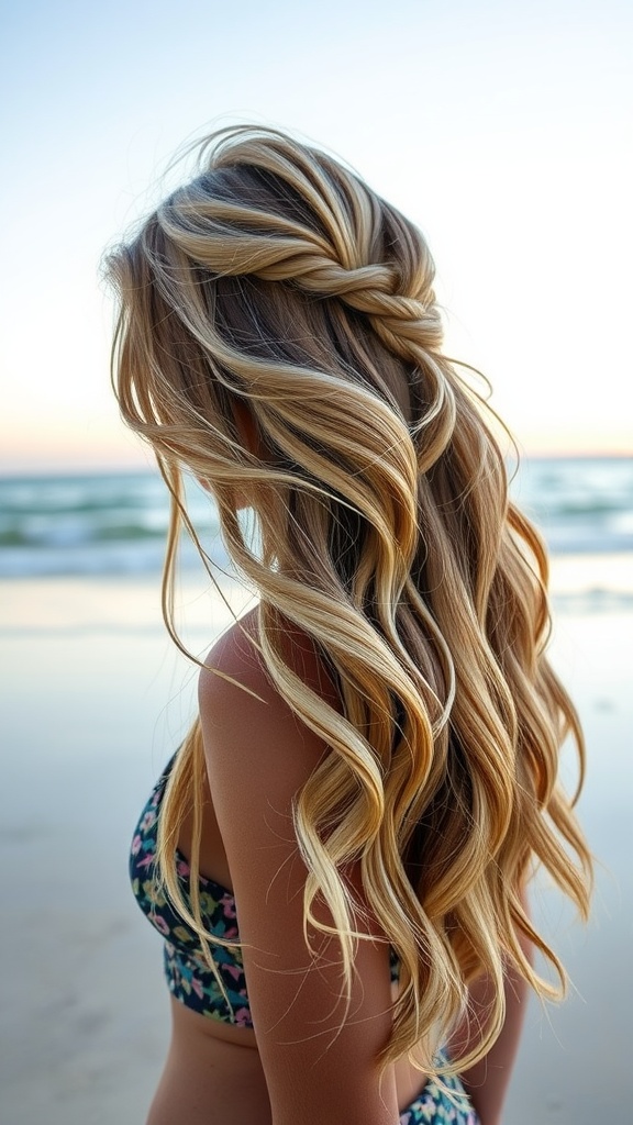 A woman with long beachy waves and a braided crown hairstyle at the beach.