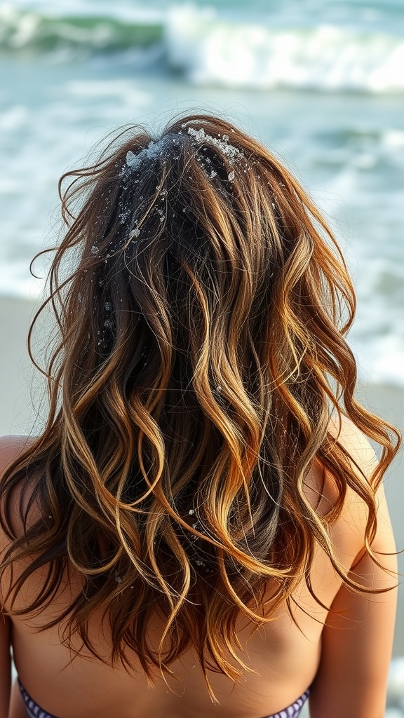 A woman with medium-length hair styled in beachy waves, with a scenic ocean background.
