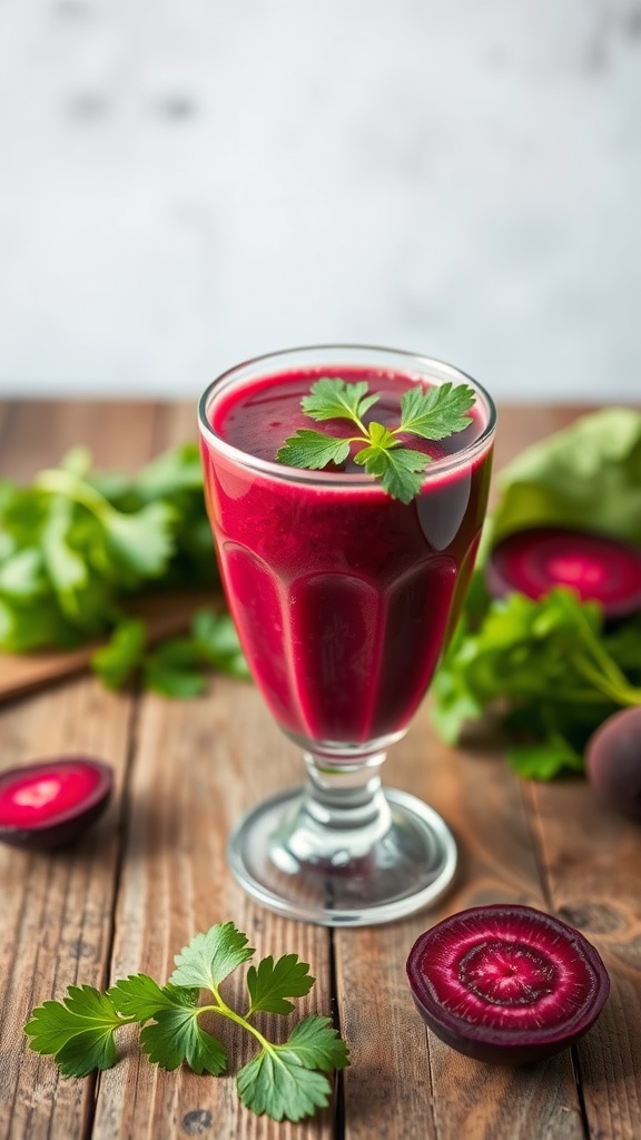 A glass of beet and cilantro smoothie, surrounded by fresh cilantro and sliced beets on a wooden table.
