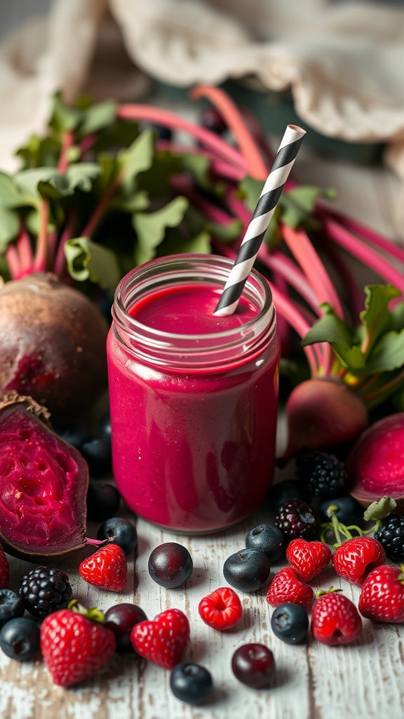 A vibrant beetroot and berry smoothie in a jar surrounded by fresh beetroot and berries.