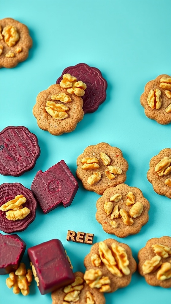 Keto Beetroot and Walnut Bites on a colorful background