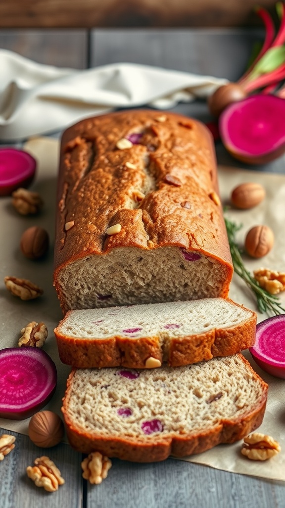 Slices of beetroot and walnut bread on a wooden surface