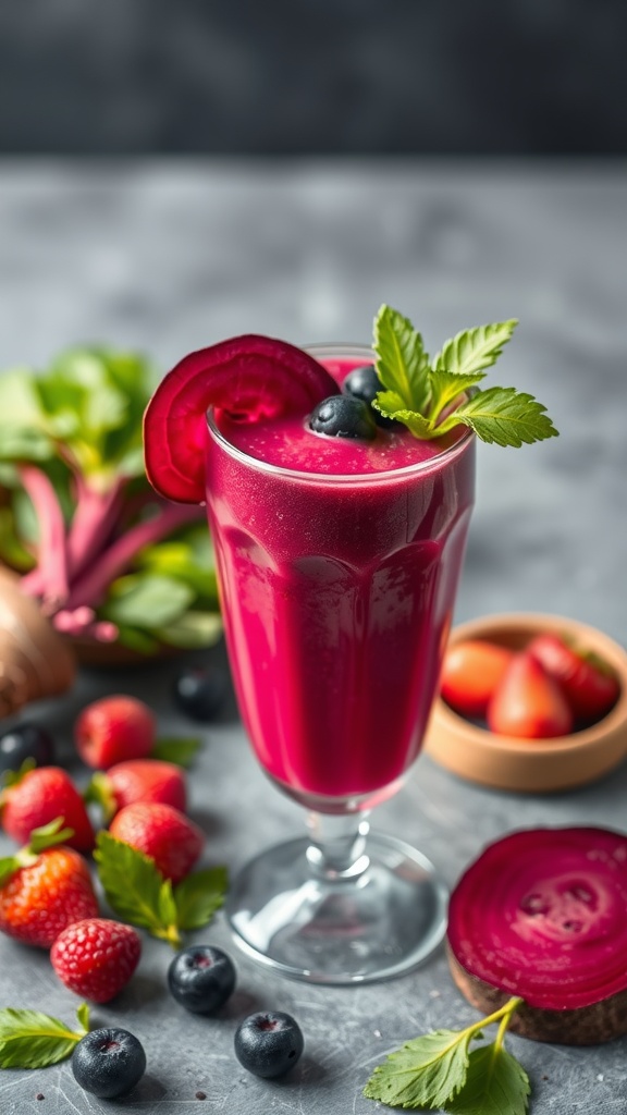 A vibrant beetroot berry smoothie garnished with berries and mint leaves