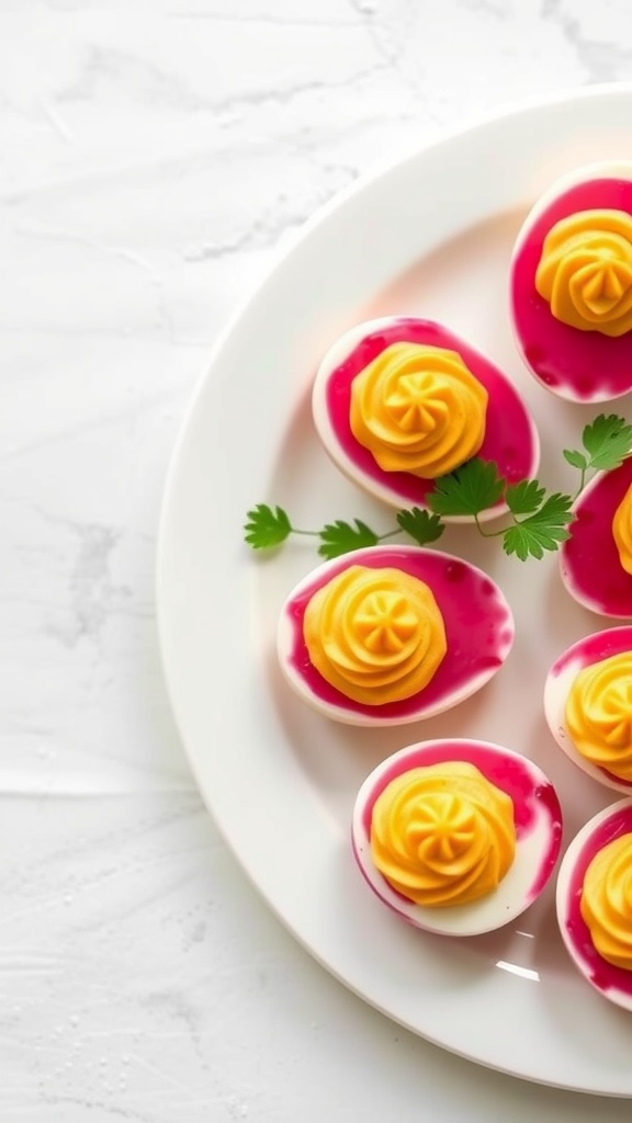 Colorful beetroot deviled eggs with yellow filling and fresh herbs on a plate