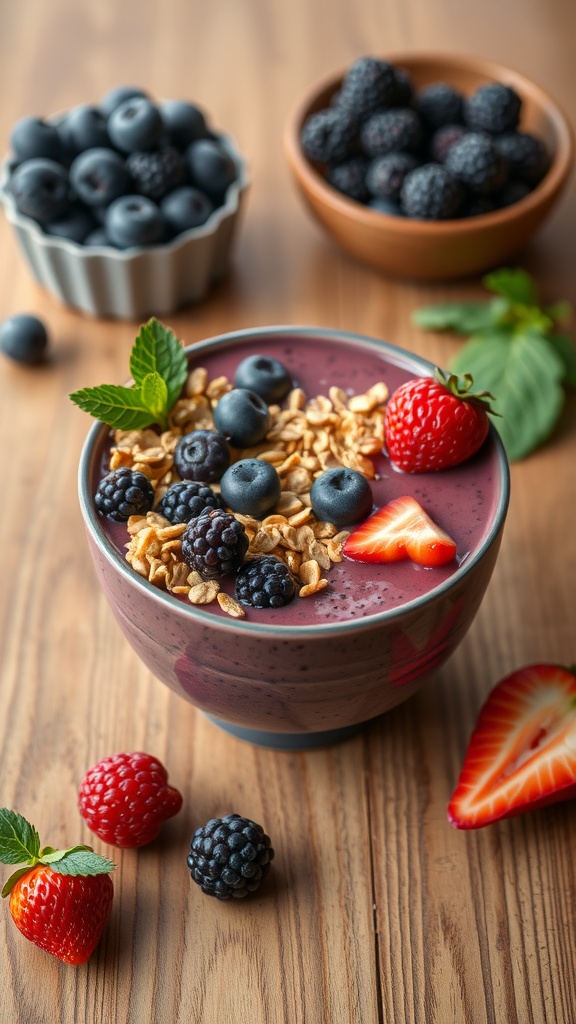 A vibrant berry acai bowl smoothie topped with granola and fresh strawberries, blackberries, and blueberries.