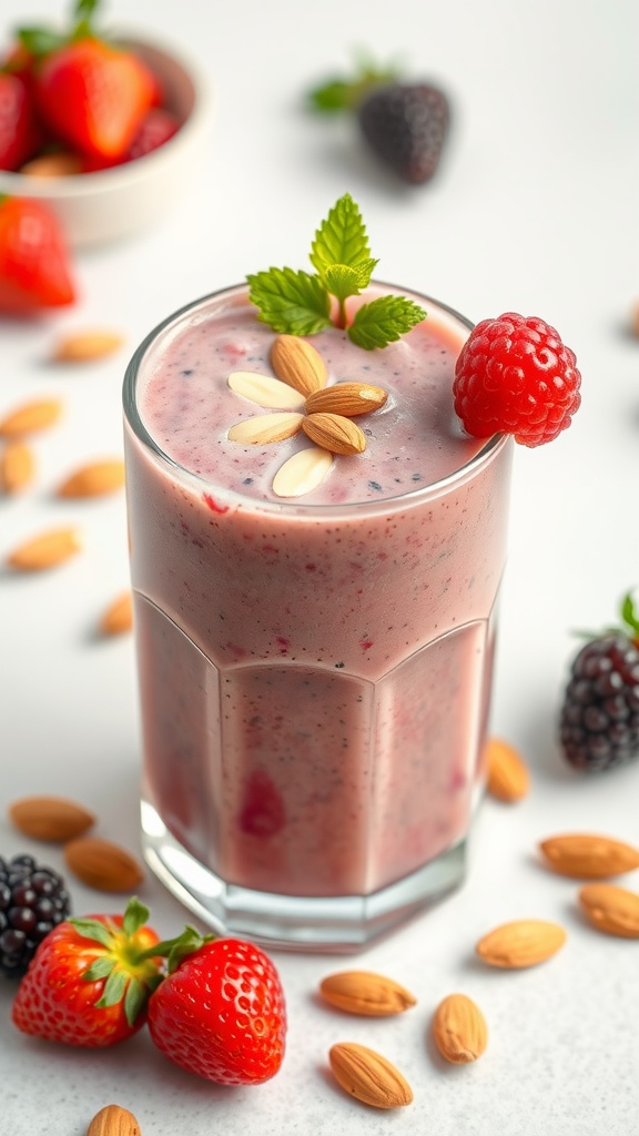 A refreshing berry almond milk smoothie topped with raspberries, almonds, and mint.