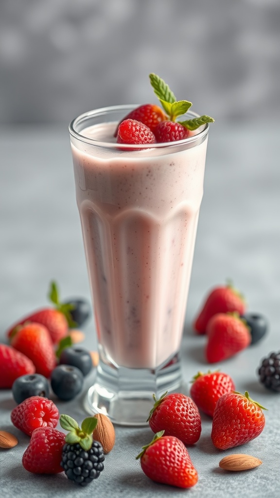 A glass of Berry Almond Milk Smoothie topped with fresh berries and mint leaves