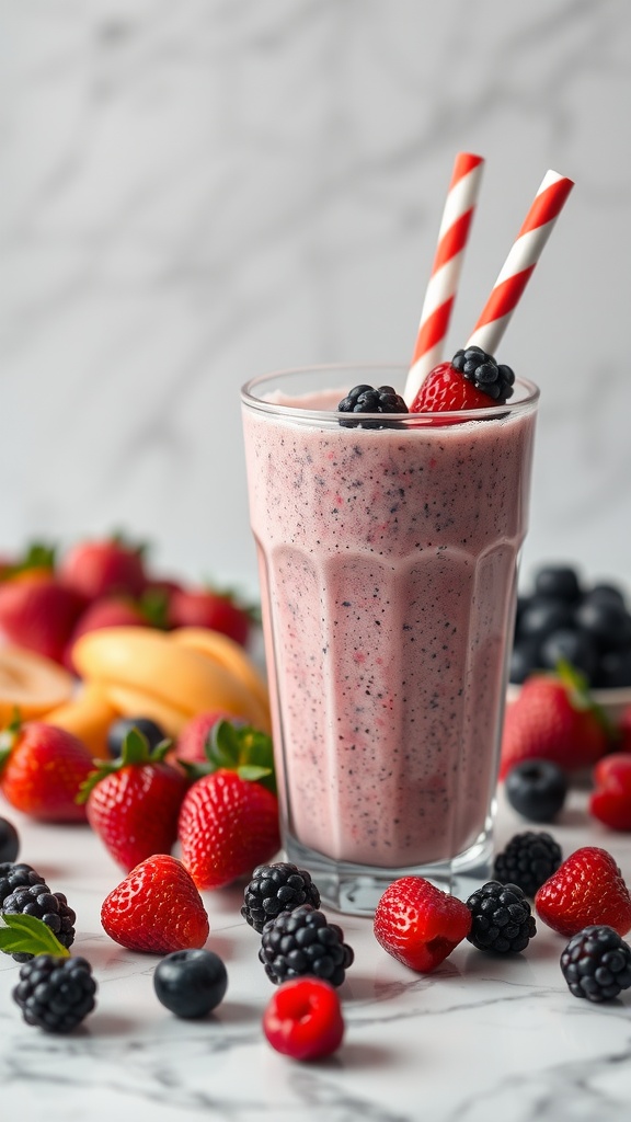 A delicious berry and kefir smoothie with berries around it.