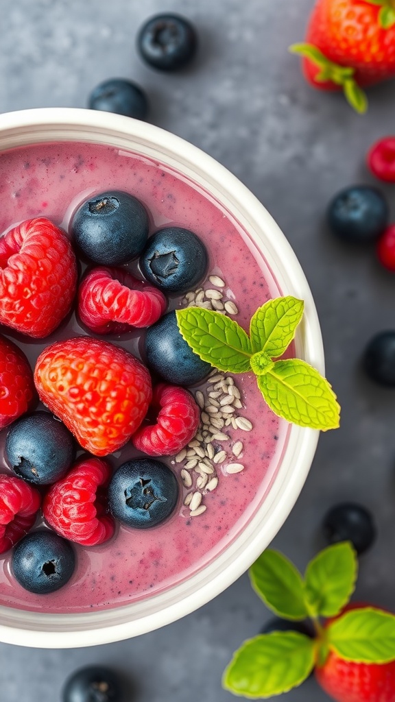 A colorful berry smoothie bowl topped with fresh berries and mint leaves.