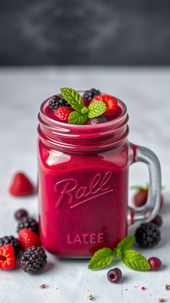 A vibrant berry beet boost smoothie in a mason jar, garnished with mint and surrounded by fresh berries.