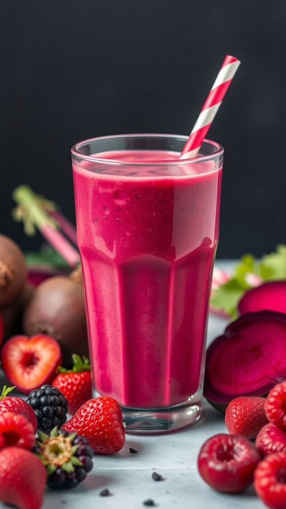 A vibrant berry beet smoothie in a glass with a striped straw, surrounded by fresh berries and beets.