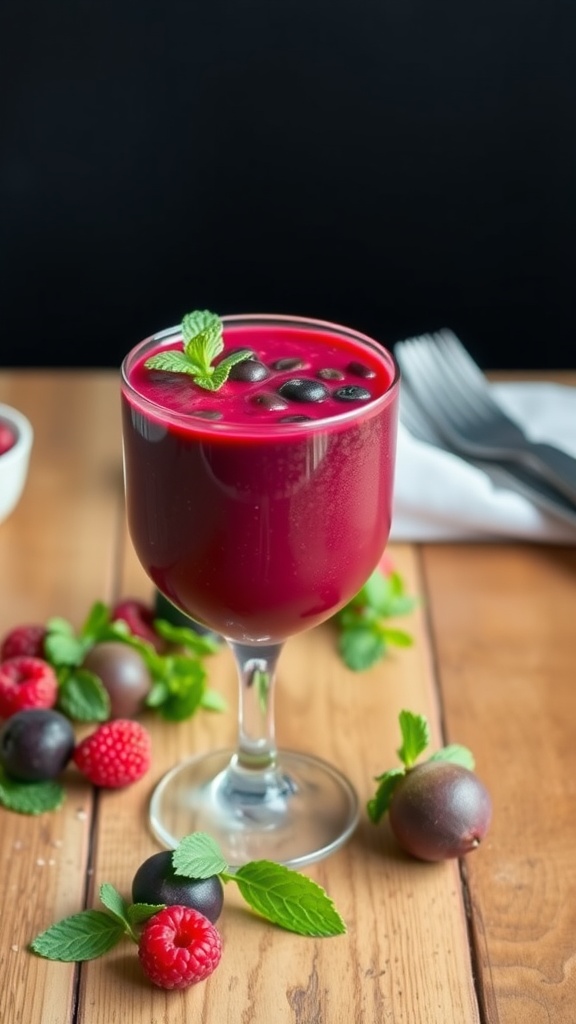 A vibrant Berry Beet Smoothie in a glass, garnished with mint leaves, surrounded by fresh berries.