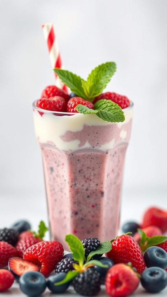 Berry Blast Fiber Smoothie with mixed berries and mint garnish