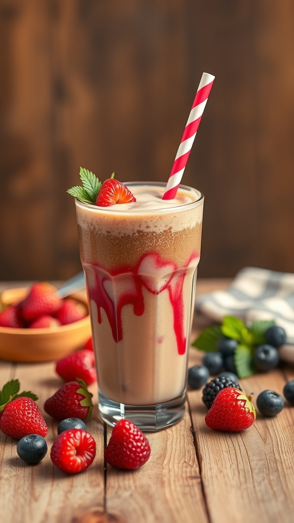 A refreshing Berry Blast Iced Coffee Smoothie with a colorful straw and garnished with fresh berries.