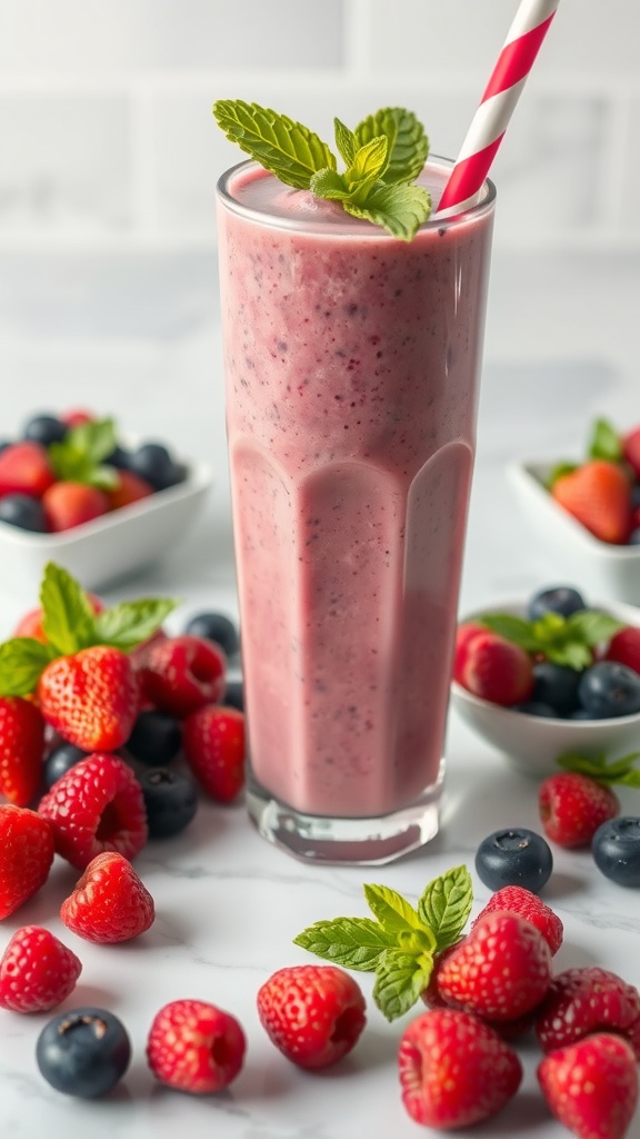 Berry Blast Smoothie with fresh berries and a mint garnish