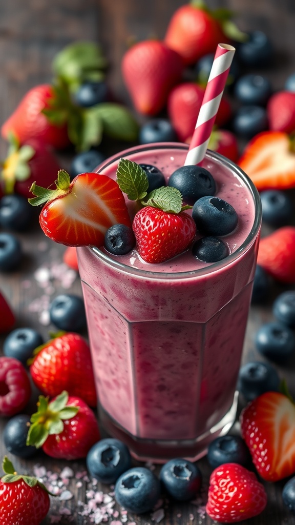 A refreshing berry smoothie with strawberries and blueberries, topped with fresh fruit.