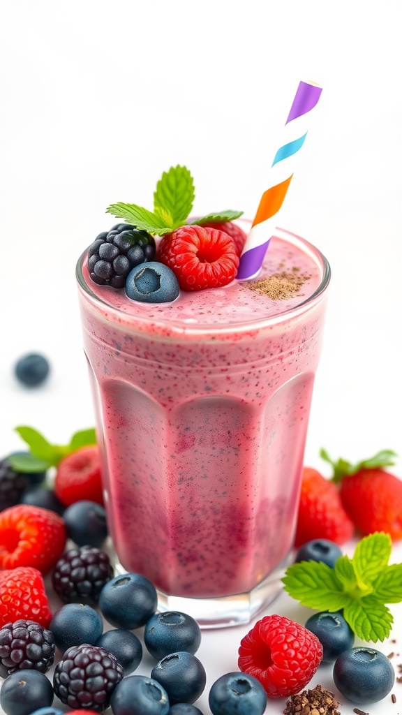 Berry Bliss Maca Smoothie in a glass with fresh berries and a straw