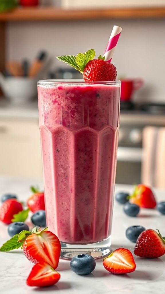 A vibrant Berry Bliss Smoothie in a glass, garnished with a strawberry and mint, surrounded by fresh strawberries and blueberries.