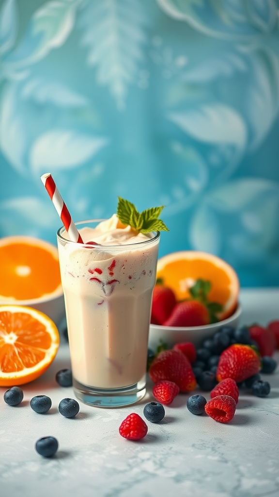 A refreshing berry citrus creamsicle smoothie in a glass, surrounded by fresh fruits.