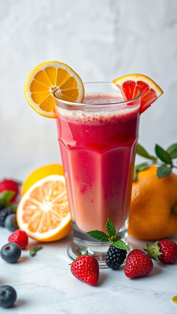 A colorful berry citrus smoothie garnished with lemon and grapefruit slices, surrounded by fresh fruits.
