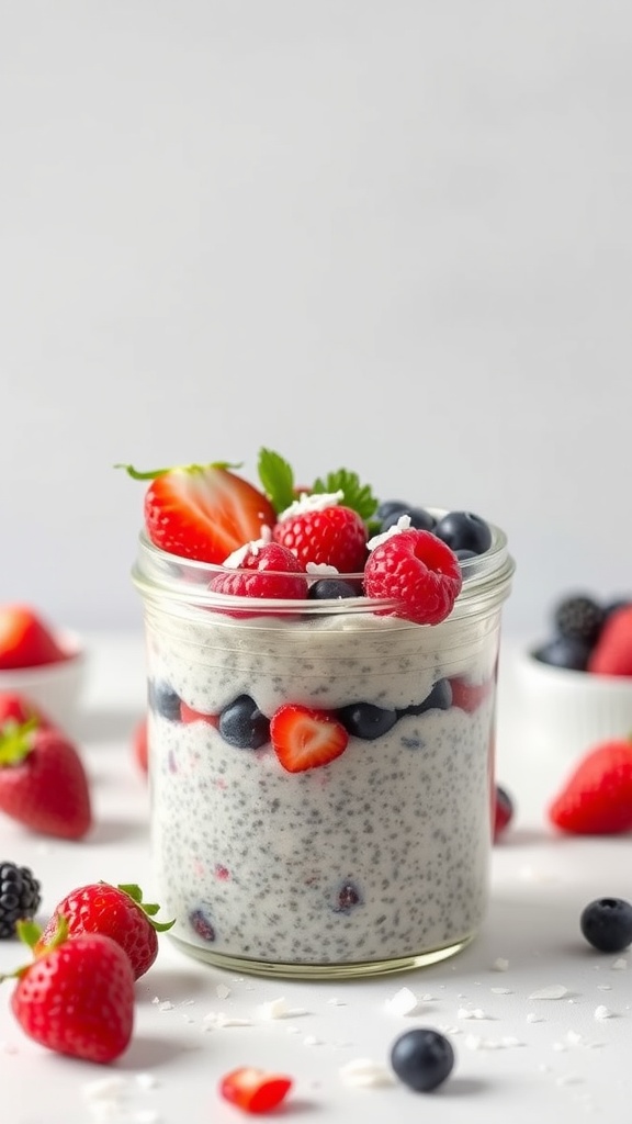 Berry Coconut Chia Pudding in a jar topped with fresh berries and mint leaves