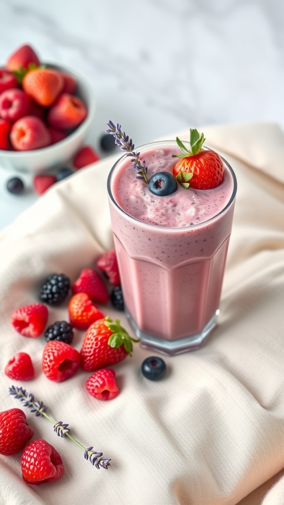 A refreshing berry lavender smoothie in a glass with fresh berries surrounding it.
