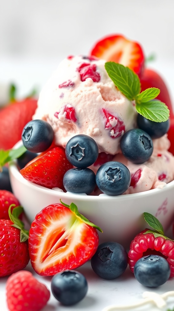 A bowl of berry medley keto ice cream topped with fresh berries and mint.