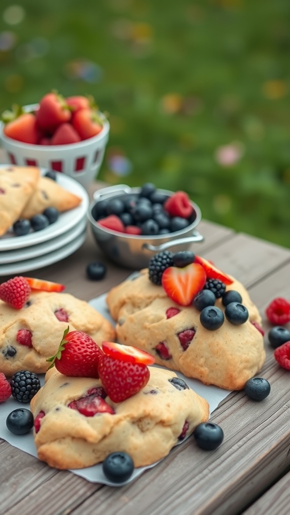 Delicious berry medley scones with fresh strawberries, blueberries, and raspberries on a rustic wooden table.