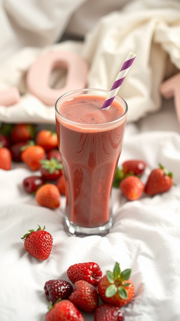 Berry smoothie with almond milk in a tall glass, surrounded by fresh strawberries.