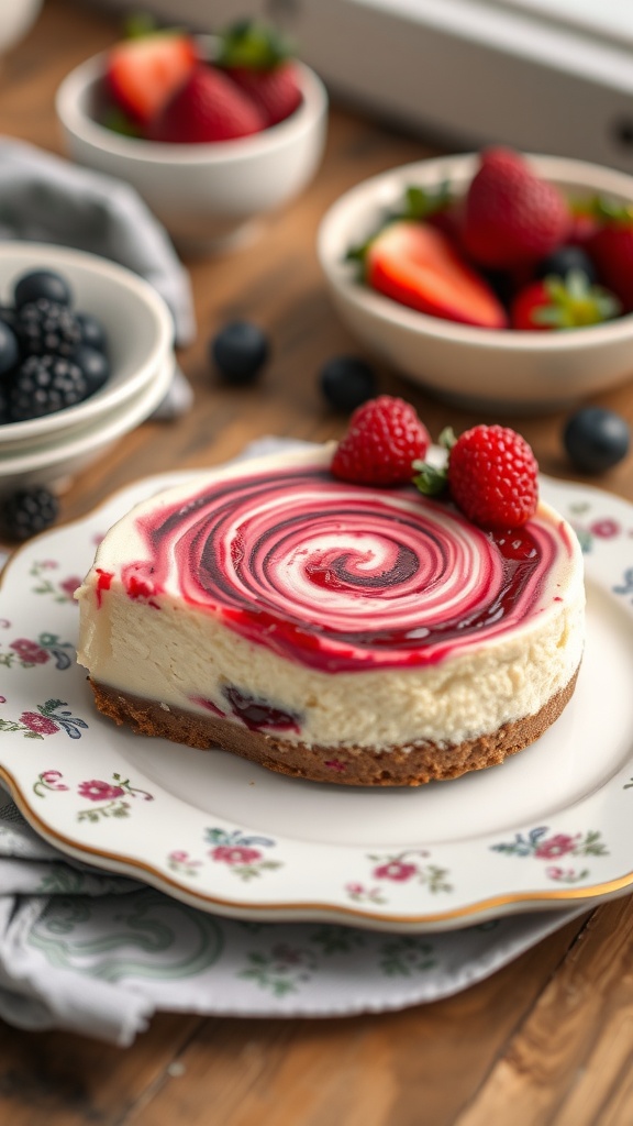 A slice of berry swirl keto cheesecake topped with fresh berries on a floral plate.