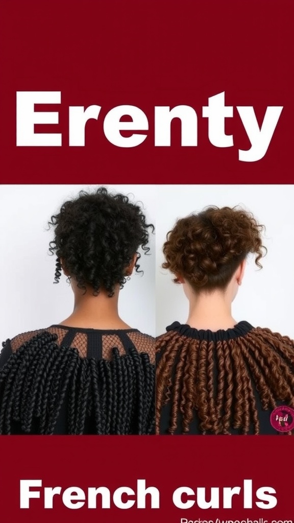 Two hairstyles featuring French curls, one with black hair and the other with brown hair.