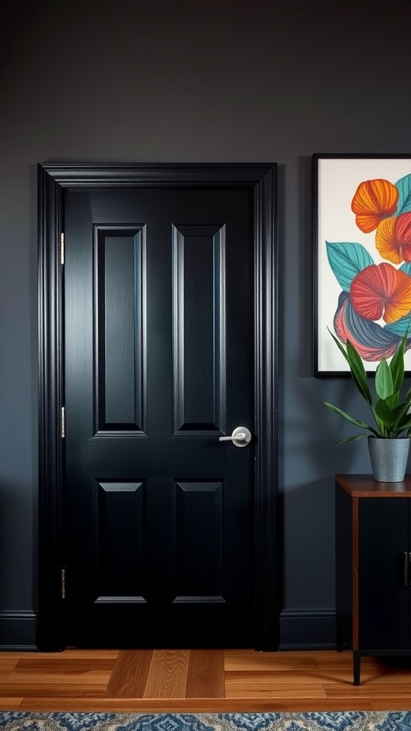 Interior shot of a black door against a dark wall with colorful artwork and a plant