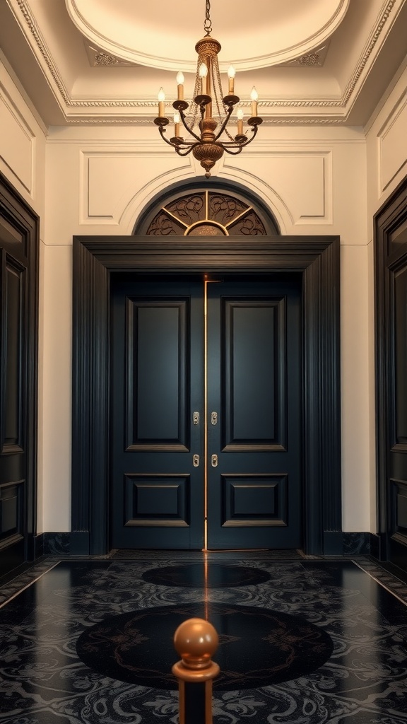 Interior view showcasing elegant black doors with a chandelier and ornate details.